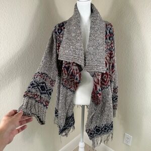 Kaisely Anthropologie Cardigan Women XL Gray Southwestern Aztec Fringe Boho